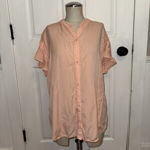 Anthropologie Cloth & Stone Coral Pink Peach‎ Button Up Blouse Short Sleeve XL